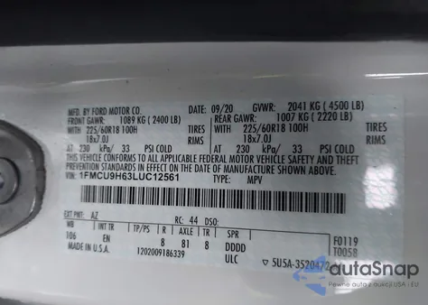 2020 Ford Escape Sel from USA, damaged, VIN 1FMCU9H63LUC12561
